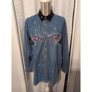 Vtg. Bobbie‎ Brooks Denim Embroidered Christmas Shirt Cottage Boho 14/16